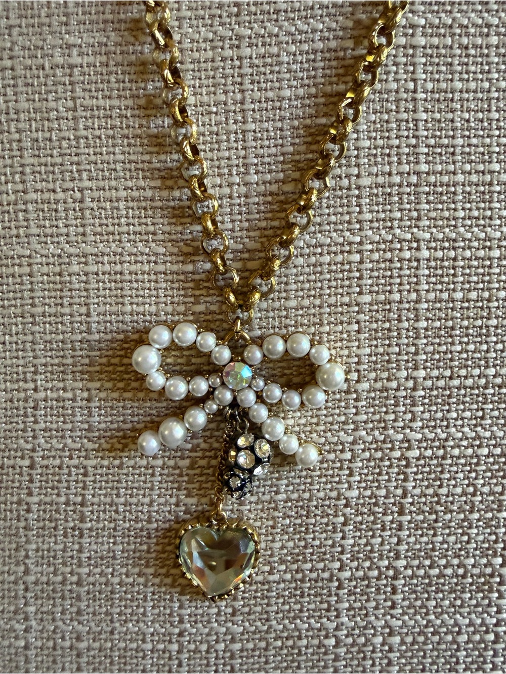 Betsey Johnson Gold-Tone Pearl Bow Necklace with Crystal Heart Pendant